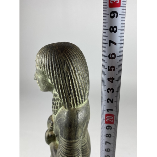 346 - AN EGYPTIAN POTTERY FIGURE ON WOODEN BASE, HEIGHT 27CM