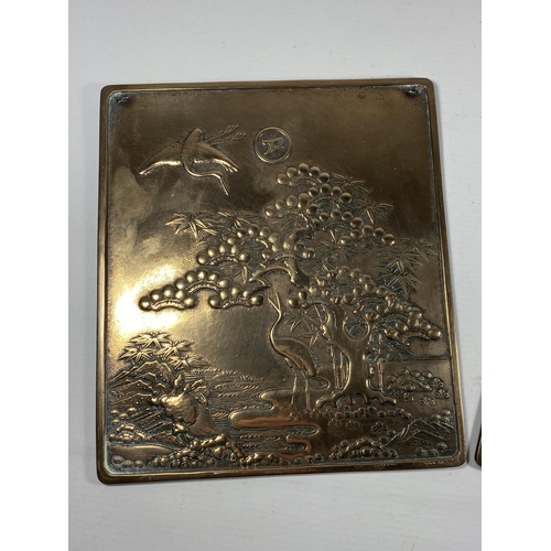 353 - A PAIR OF JAPANESE MEIJI PERIOD (1868-1912) HEAVY BRONZE MIRROR PLAQUES WITH CRANE DESIGN, 23 X 20CM