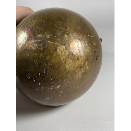 358 - AN UNUSUAL HEAVY BRASS JUG OF SPHERICAL BASE, HEIGHT 16CM