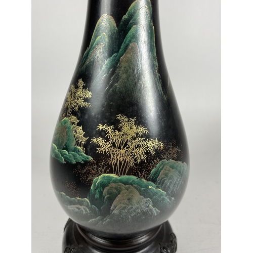 363 - A MID 20TH CENTURY CHINESE FUZHOU BLACK LACQUERED GILT DESIGN VASE ON STAND, HEIGHT 29CM