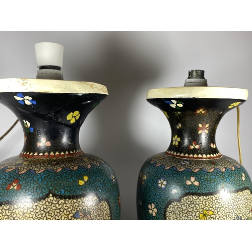 366 - A PAIR OF JAPANESE MEIJI PERIOD (1868-1912) SATSUMA POTTERY CONVERTED LAMP BASES IN THE CLOISONNE ST... 