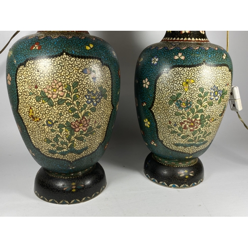 366 - A PAIR OF JAPANESE MEIJI PERIOD (1868-1912) SATSUMA POTTERY CONVERTED LAMP BASES IN THE CLOISONNE ST... 