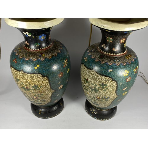 366 - A PAIR OF JAPANESE MEIJI PERIOD (1868-1912) SATSUMA POTTERY CONVERTED LAMP BASES IN THE CLOISONNE ST... 