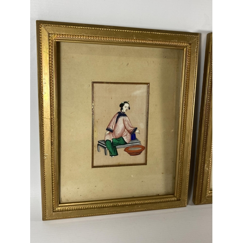 376 - A PAIR OF 19TH CENTURY CHINESE RICE PAPER PAINTINGS IN GILT FRAMES, 29 X 24CM