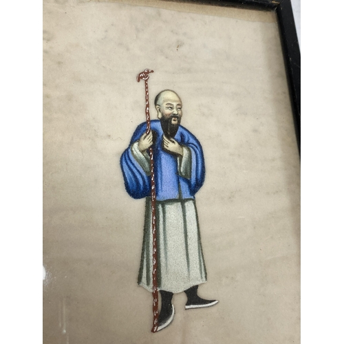 377 - A 19TH CENTURY CHINESE RICE PAPER PAINTING IN BLACK FRAME, 16 X 12CM