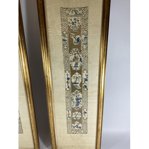 380 - A LARGE PAIR OF GILT FRAMED CHINESE SILK PICTURES, 107 X 19CM