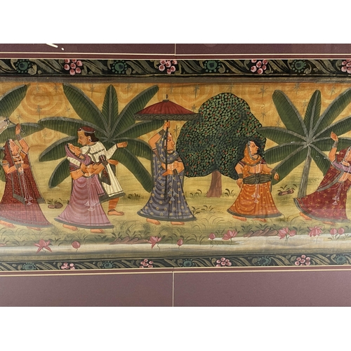 381 - A LARGE INDIAN SILK PICTURE OF A CEREMONY, 112 X 50CM