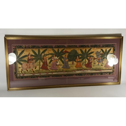 381 - A LARGE INDIAN SILK PICTURE OF A CEREMONY, 112 X 50CM