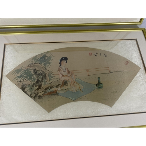 383 - A PAIR OF GILT FRAMED CHINESE SILK FAN PICTURES, 55 X 35CM