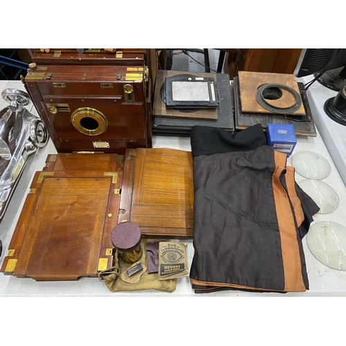 2 - A C.1870 MEAGHER, LONDON WHOLE PLATE TRANSITIONAL TAILBOARD CAMERA WITH CASE AND ASSORTED WOODEN PLA... 