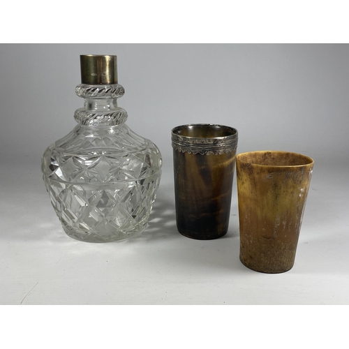 21 - THREE ITEMS TO INCLUDE A HALLMARKED SILVER & CUT GLASS DECANTER (NO STOPPER) AND TWO VINTAGE HORN ST... 