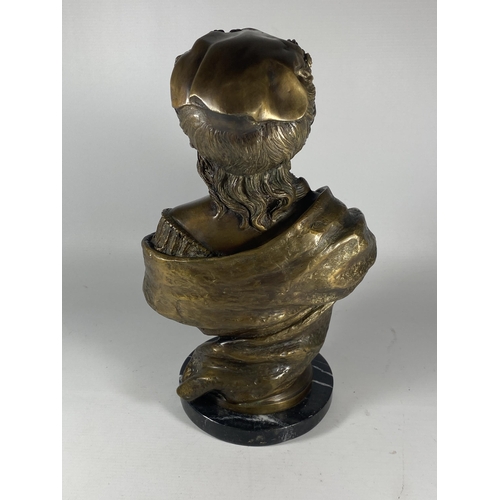 4 - A REPRODUCTION BRONZE BUST OF A MAIDEN ON MARBLE BASE, SIGNED LECOMTE, HEIGHT 36CM