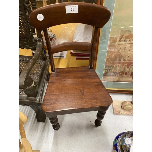 55 - A GROUP OF THREE VINTAGE DOLLS CHAIRS TO INCLUDE MAHOGANY & GOTHIC CARVED EXAMPLE, TALLEST 52CM