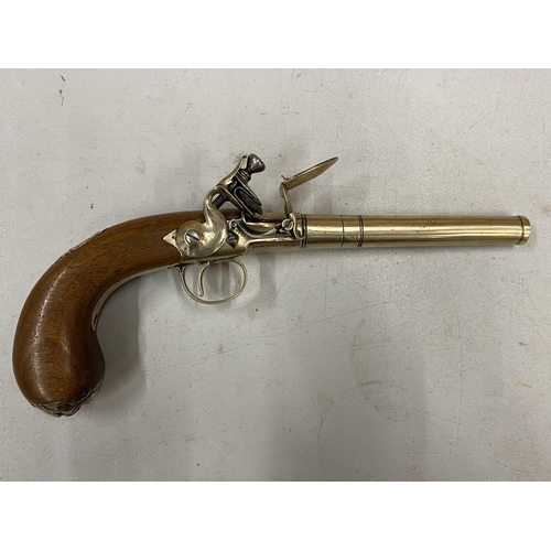 447 - A NON FIRING REPLICA CANON BARREL FLINTLOCK PISTOL, 14CM BARREL, WOODEN GRIP