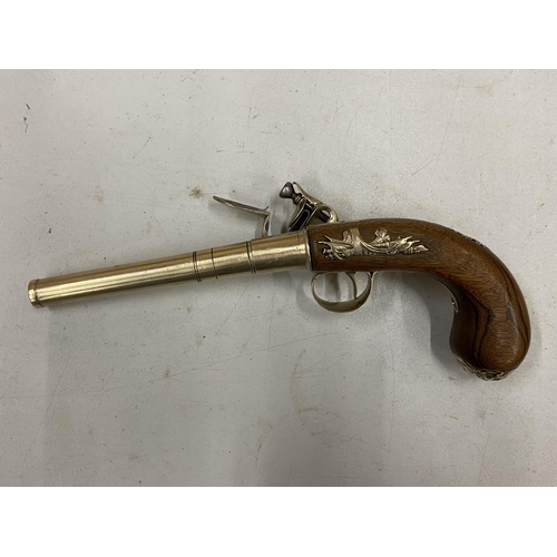 447 - A NON FIRING REPLICA CANON BARREL FLINTLOCK PISTOL, 14CM BARREL, WOODEN GRIP