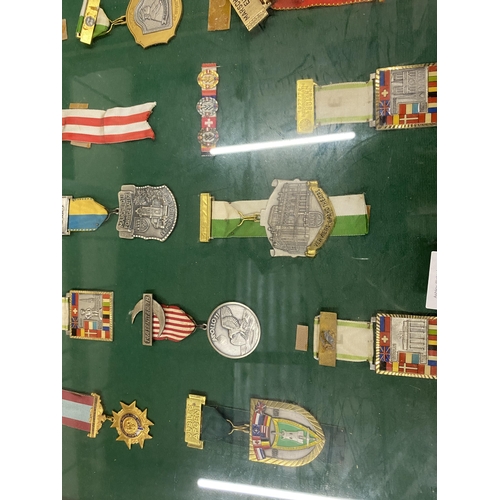 455 - A WOODEN AND GLASS DISPLAY CASE CONTAINING ASSORTED MILITARY MEDALS