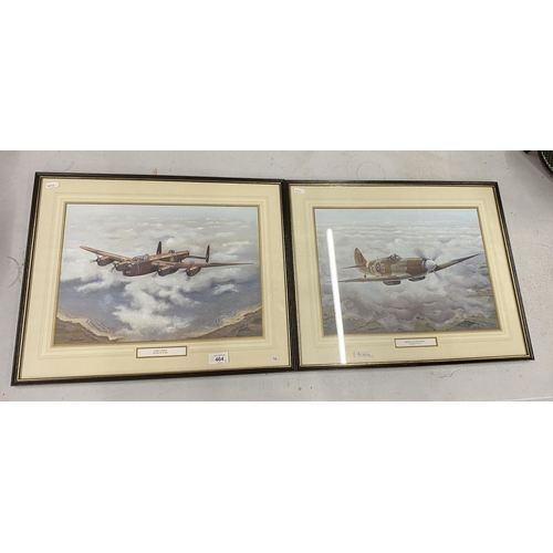 464 - A PAIR OF COLOURED FRAMED PRINTS OF WORLD WAR II RAF AIRCRAFT, TO INCLUDE 'MISSION ACCOMPLISHED' AND... 