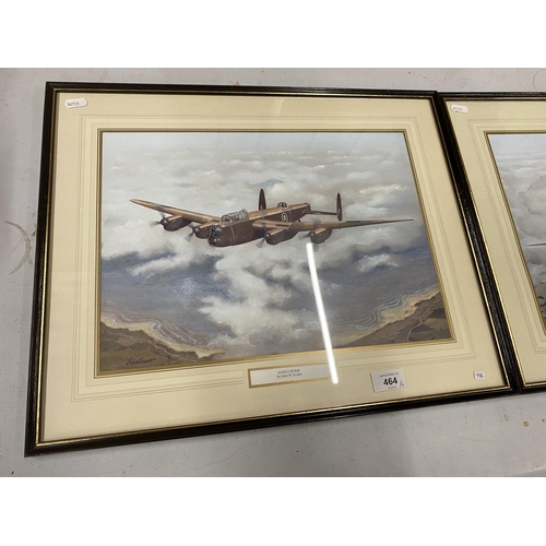 464 - A PAIR OF COLOURED FRAMED PRINTS OF WORLD WAR II RAF AIRCRAFT, TO INCLUDE 'MISSION ACCOMPLISHED' AND... 