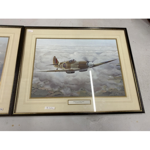 464 - A PAIR OF COLOURED FRAMED PRINTS OF WORLD WAR II RAF AIRCRAFT, TO INCLUDE 'MISSION ACCOMPLISHED' AND... 