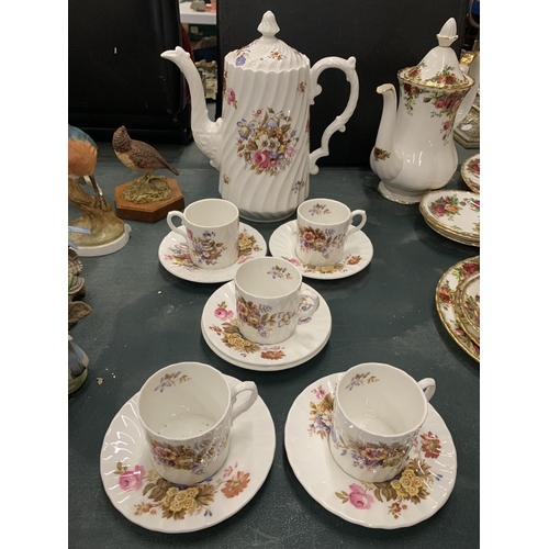 103 - A VINTAGE AYNSLEY 'SUMMERTIME' PART COFFEE SET TO INCLUDE A COFFEE POT, FIVE COFFEE CANS AND SIX SAU... 