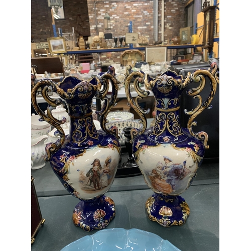 107 - A PAIR OF VICTORIAN VASES IN COBALT BLUE WITH TRANSFER PRINT PATTERN PLUS A PALE BLUE GLASS FOOTED B... 