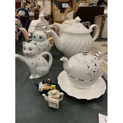 114 - A COLLECTION OF TEAPOTS TO INCLUDE A TONY WOOD GOLF TEAPOT, CAT AND OWL THEMED, A VICKY PRICE CAT TE... 