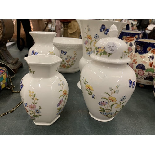 117 - A COLLECTION OF AYNSLEY COTTAGE GARDEN CHINA TO INCLUDE VASES - ONE A/F, A PLANTER AND LIDDED JAR
