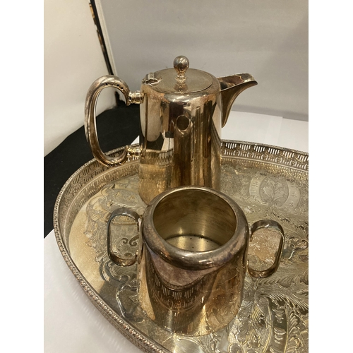 141 - A SILVER PLATED GALLERY TRAY PLUS 'HASTINGS PLATE' COFFEE AND TEAPOT, CREAM JUG AND SUGAR BOWL