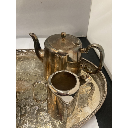 141 - A SILVER PLATED GALLERY TRAY PLUS 'HASTINGS PLATE' COFFEE AND TEAPOT, CREAM JUG AND SUGAR BOWL