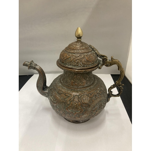 143 - AN ASIAN STYLE COPPER TEAPOT WITH EMBOSSED DESIGN