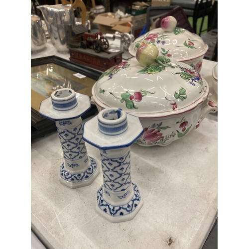 150 - THREE FRENCH PORCELAIN SERVING POTS WITH LIDS,  FLORAL DECORATION AND APPLE FINIALS PLUS A PAIR OF B... 