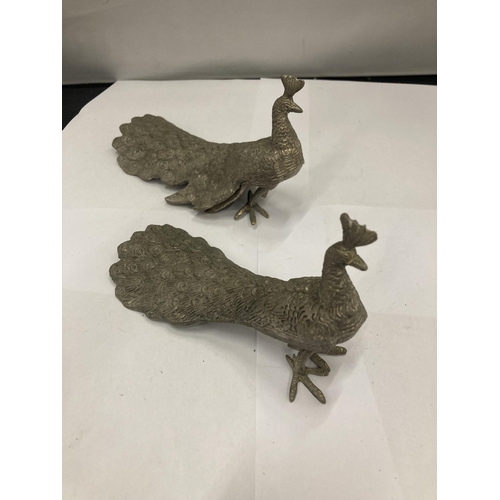 187 - A PAIR OF WHITE METAL PEACOCKS - 1 A/F MISSING FOOT