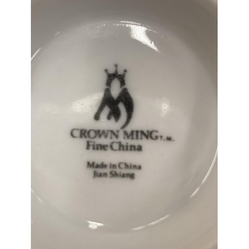 202 - A QUANTITY OF CROWN MING CHINA CUPS, SAUCERS AND SIDE PLATES PLUS TWO GLASS DESSERT BOWLS