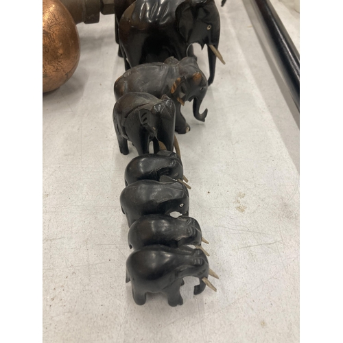 206 - A COLLECTION OF HARDWOOD CARVED ELEPHANTS IN VARYING SIZES - 10 IN TOTAL