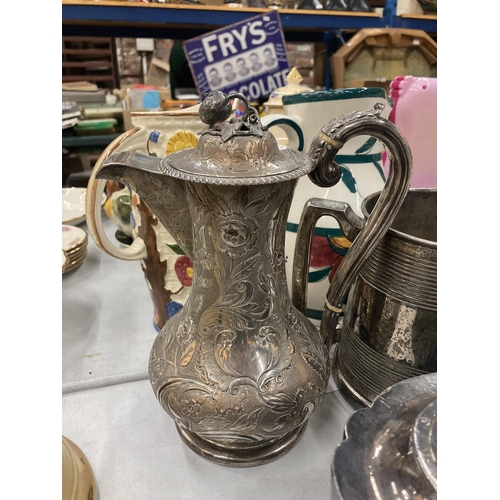 257 - A LARGE QUANTITY OF SILVER PLATED ITEMS TO INCLUDE A COFFEE POT, TEAPOT AND SUGAR BASIN WITH EMBOSSE... 