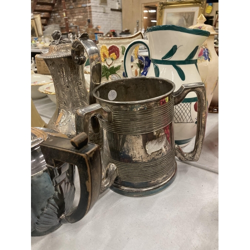 257 - A LARGE QUANTITY OF SILVER PLATED ITEMS TO INCLUDE A COFFEE POT, TEAPOT AND SUGAR BASIN WITH EMBOSSE... 