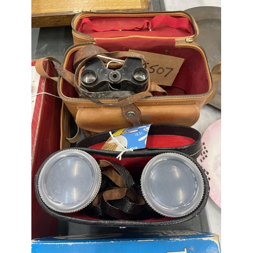 274 - A PAIR OF VINTAGE LEATHER CASED BINOCULARS, PRINZ 12 X 50 BINOCULARS, A TURRET SPOTTING SCOPE AND A ... 