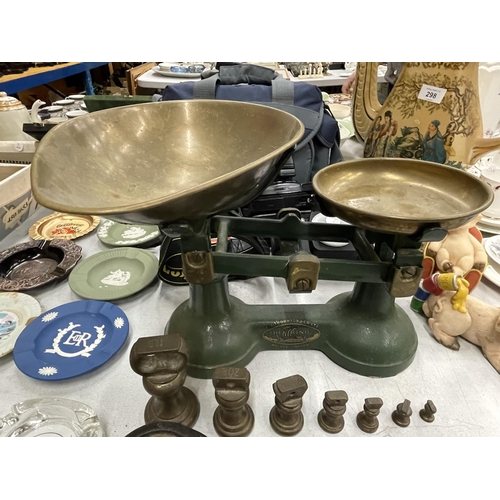 299 - A VINTAGE SET OF 'THE VIKING' SCALES WITH BRASS PANS AND FULL SET OF WEIGHTS