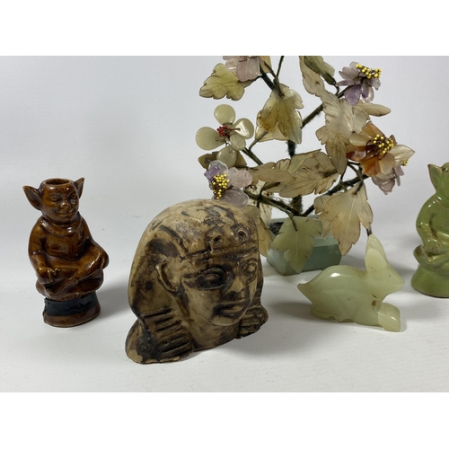 398 - A MIXED GROUP OF ORIENTAL ITEMS TO INCLUDE JADE TYPE ELEPHANT, PLANT, EGYPTIAN HEAD ETC, PLANT HEIGH... 