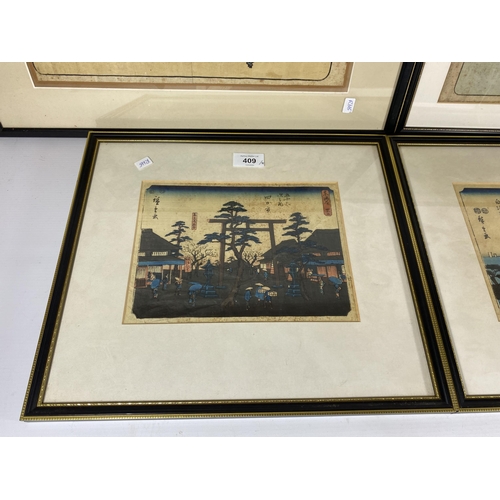 409 - A GROUP OF FOUR HIROSHIGE JAPANESE WOODBLOCK PRINTS, LARGEST 52 X 37CM