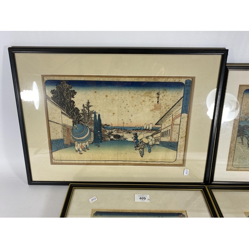 409 - A GROUP OF FOUR HIROSHIGE JAPANESE WOODBLOCK PRINTS, LARGEST 52 X 37CM