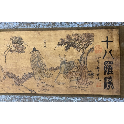 411 - A LARGE 19TH CENTURY JAPANESE TAPESTRY SCROLL, LENGTH 370CM