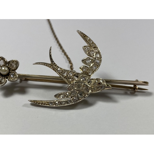 95 - A BIRD AND FLORAL DIAMOND AND PEARL BROOCH SET WITH FORTY TWO MIXED CUT DIAMONDS, COLOUR G-H, CLARIT... 