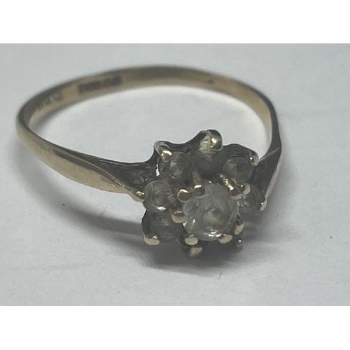 503 - A 9 CARAT GOLD RING WITH CLEAR STONES IN A FLOWER DESIGN SIZE M/N GROSS WEIGHT 1.24 GRAMS