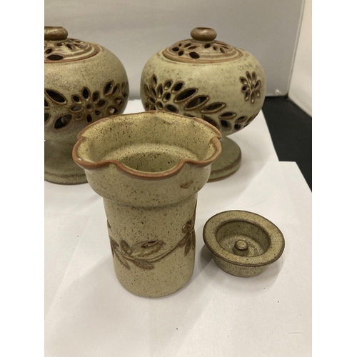 190 - THREE PIECES OF STUDIO POTTERY TO INCLUDE TWO INSENCE BURNERS