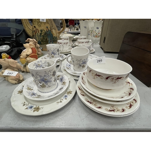 295 - A QUANTITY OF CHINA CUPS, SAUCERS, PLATES AND SUGAR BOWL TO INCLUDE RIDGWAY 'MELISANDE'