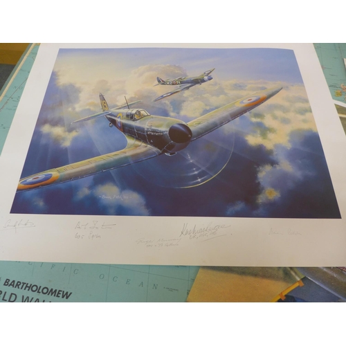 438 - TWO SIGNED COLOURED PRINTS OF WORLD WAR II AIRCRAFT, SIGNED PRINT OF BATTLE OF BRITAIN A.C.E. WING C... 