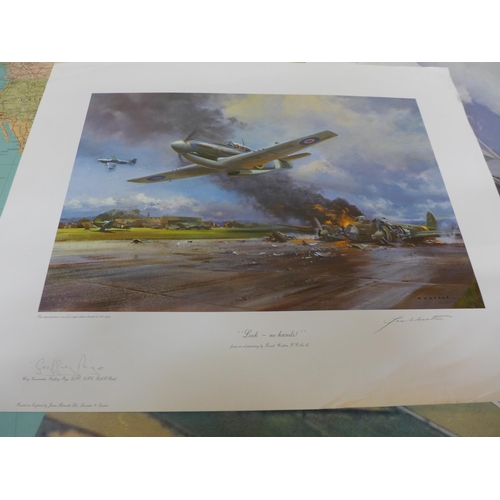 438 - TWO SIGNED COLOURED PRINTS OF WORLD WAR II AIRCRAFT, SIGNED PRINT OF BATTLE OF BRITAIN A.C.E. WING C... 