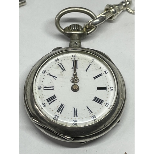 544 - A LADIES SILVER FOB WATCH AND CHAIN WITH A PRESENTATION BOX