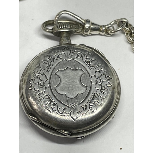 544 - A LADIES SILVER FOB WATCH AND CHAIN WITH A PRESENTATION BOX